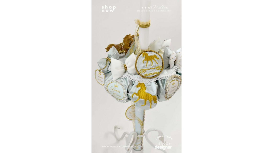 Lumanare botez regala cu broderie personalizata Royal Horse Gold 7